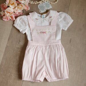Pink Romper Overall 2 Piece Set Feltman Brothers Hand Embroidery Lace NWT